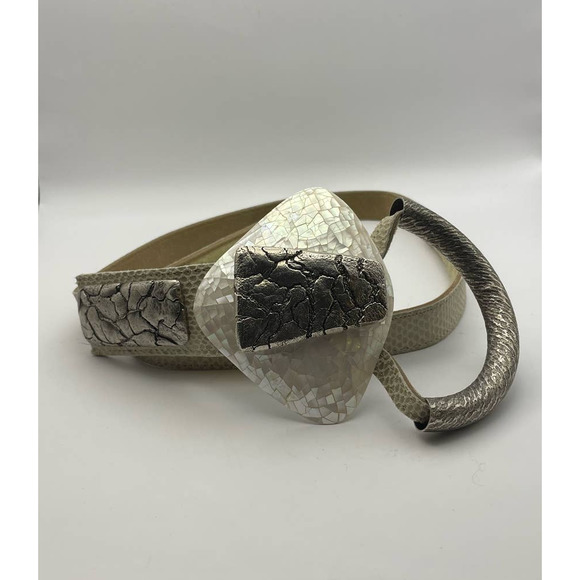 Ornate Beige Belt with Beige Buckle with Mother of Pearl Shell design main image 5